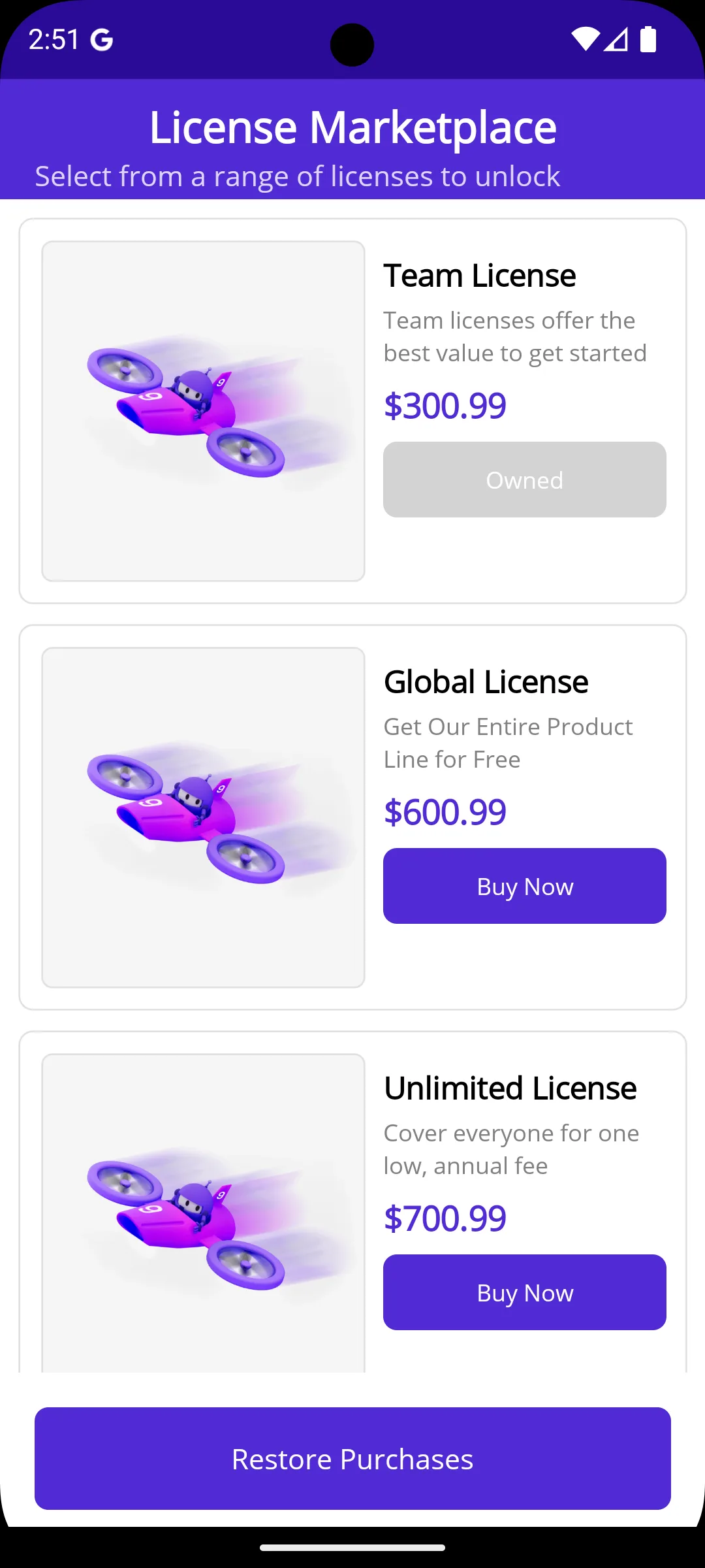 BillingService Demo showing product listings with purchase buttons on Android
