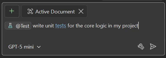 Screenshot of the proper way to prompt with @Test in the Copilot chat window