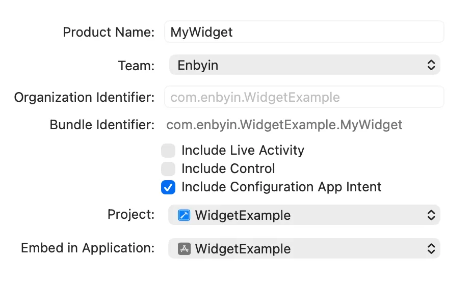 Creating a new Xcode widget project