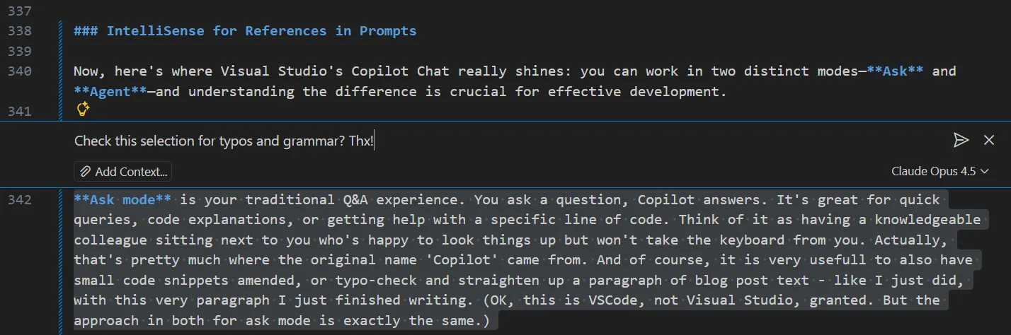 Screenshot showing how to request a task in the inline ask mode