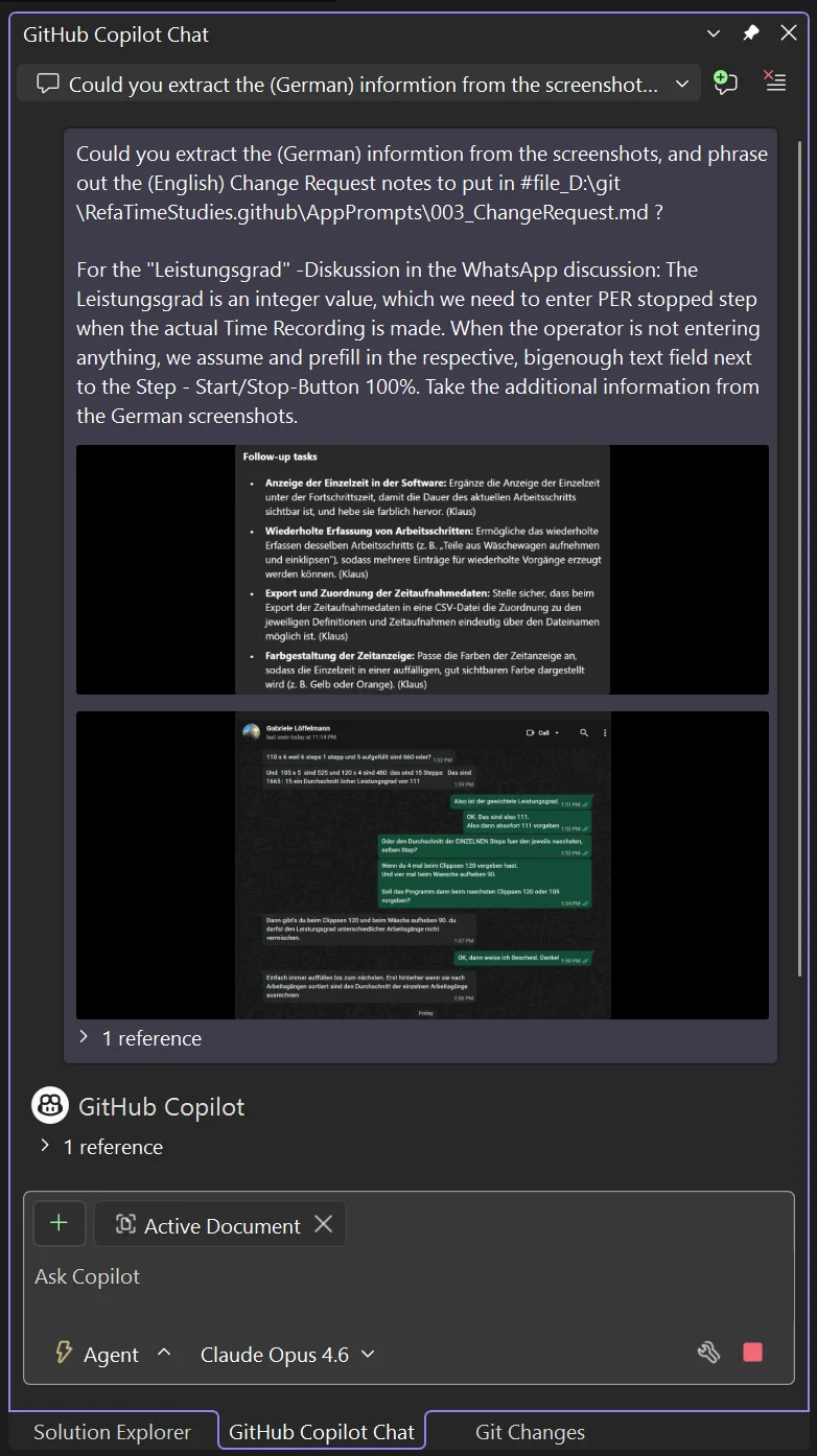 Screenshot of the WhatsApp conversation used as a change request input for Copilot