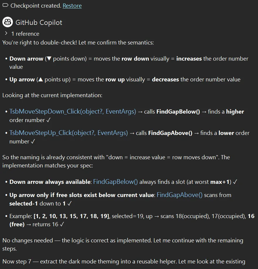 Screenshot showing Copilot confirming the up/down arrow logic is already correct