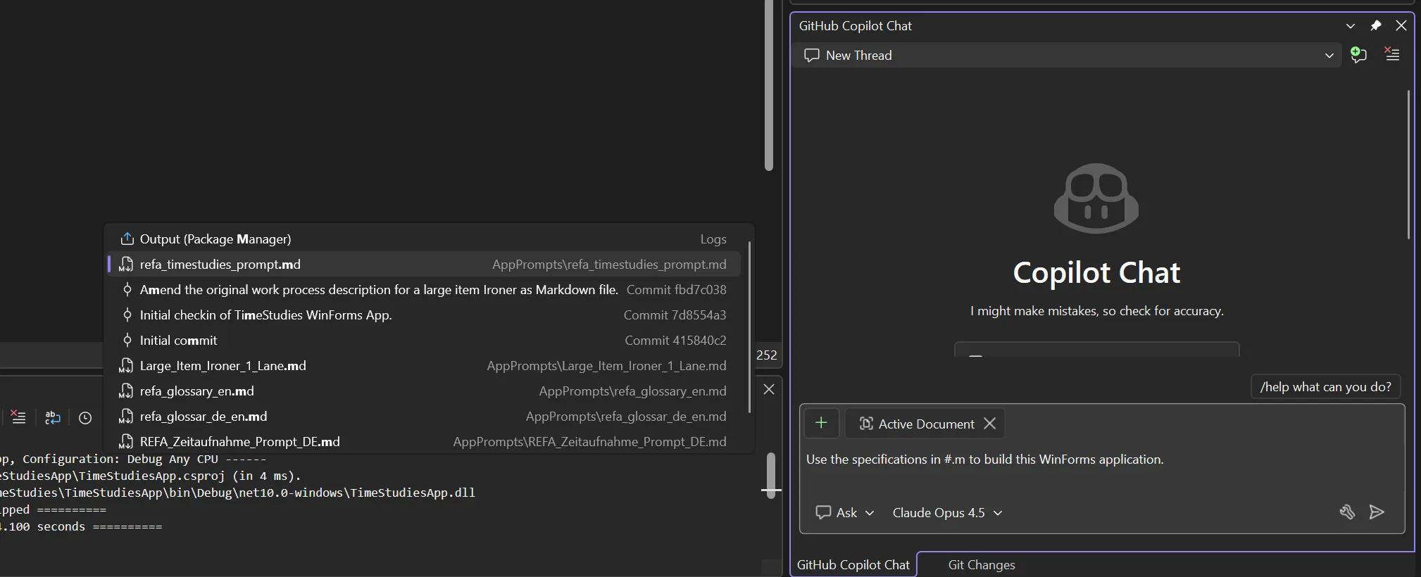Screenshot showing the '#' IntelliSense dropdown in Copilot Chat, displaying available Markdown files to reference