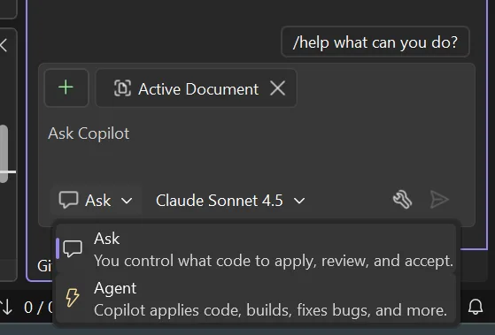 Screenshot showing the mode dropdown selector in Copilot Chat, with 'Agent' mode selected