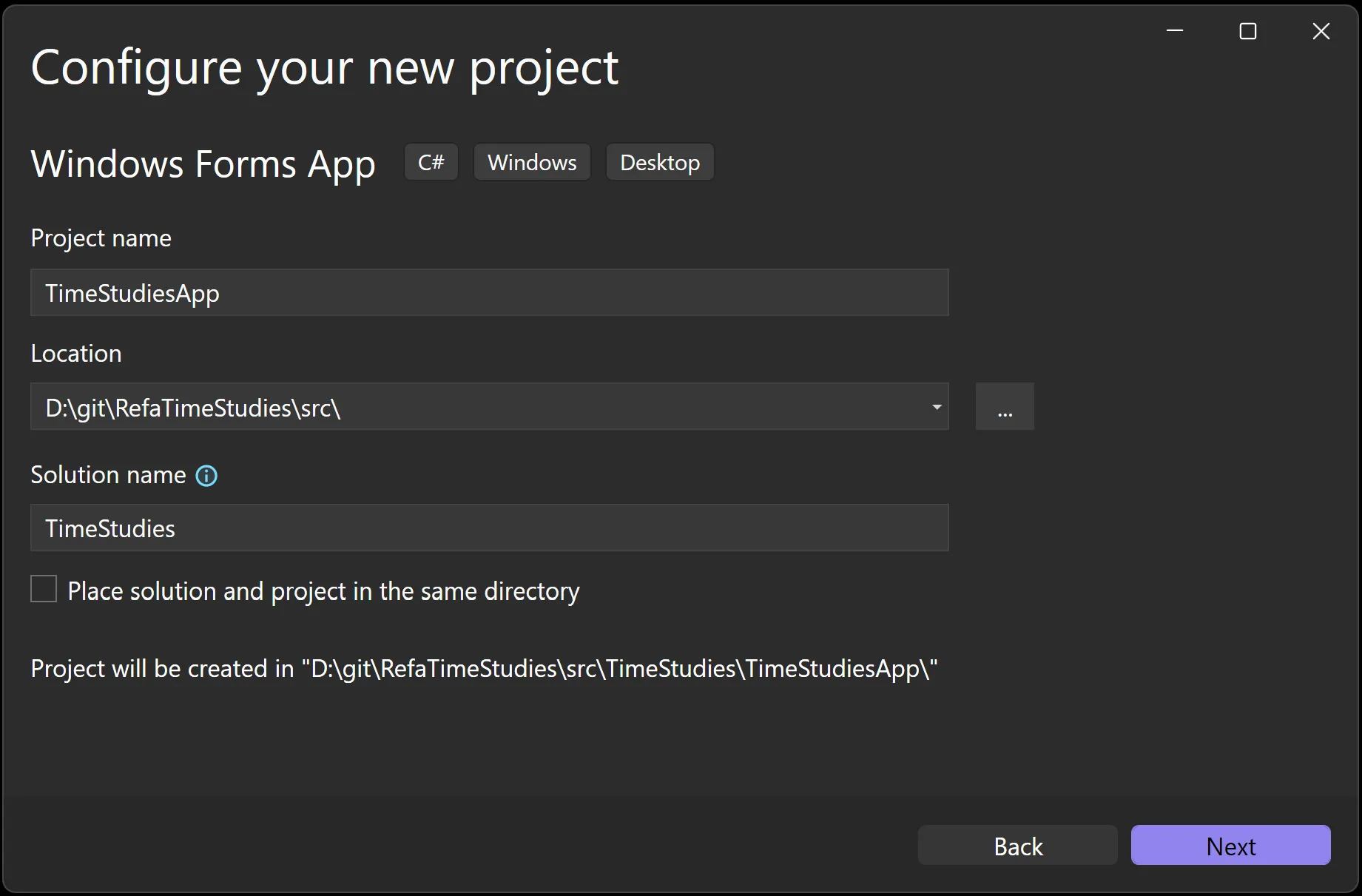 Screenshot depicting the creation of the new WinForms 'RefaTimeStudies' project in CSharp