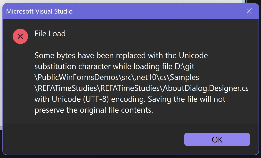 Screenshot showing an error message dialog on opening Visual Studio's resource editor