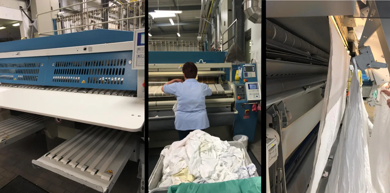 Photo collage showing an industrial ironer machine with multiple operator stations