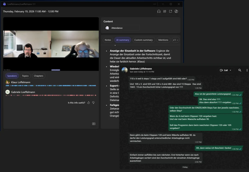 Collage showing a video call between Klaus and his mom alongside a WhatsApp conversation about the time study software