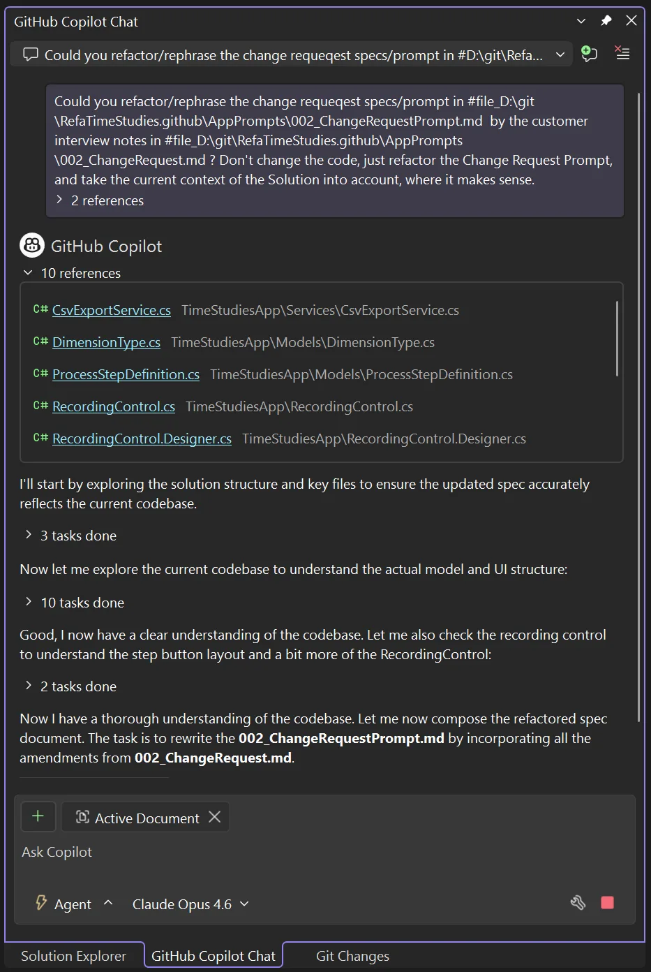 Screenshot showing Copilot refactoring the change request prompt and taking the whole solution into account