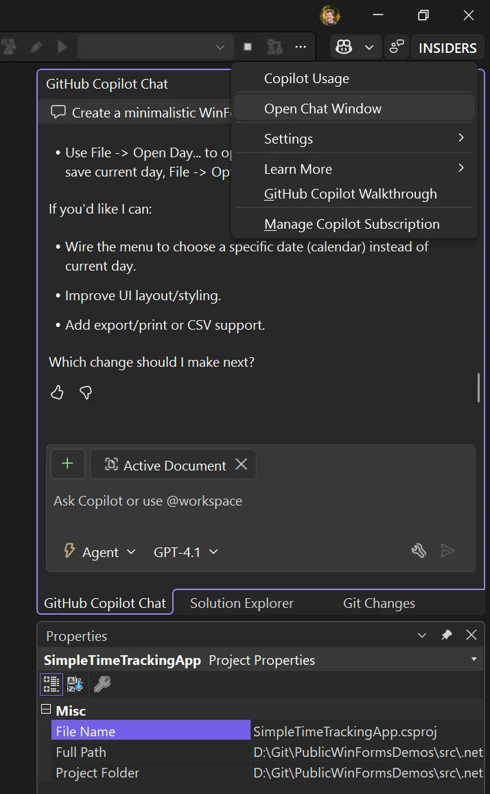 Screenshot of the Copilot Chat Window and the pulldown menu with which you can activate it should you not see it