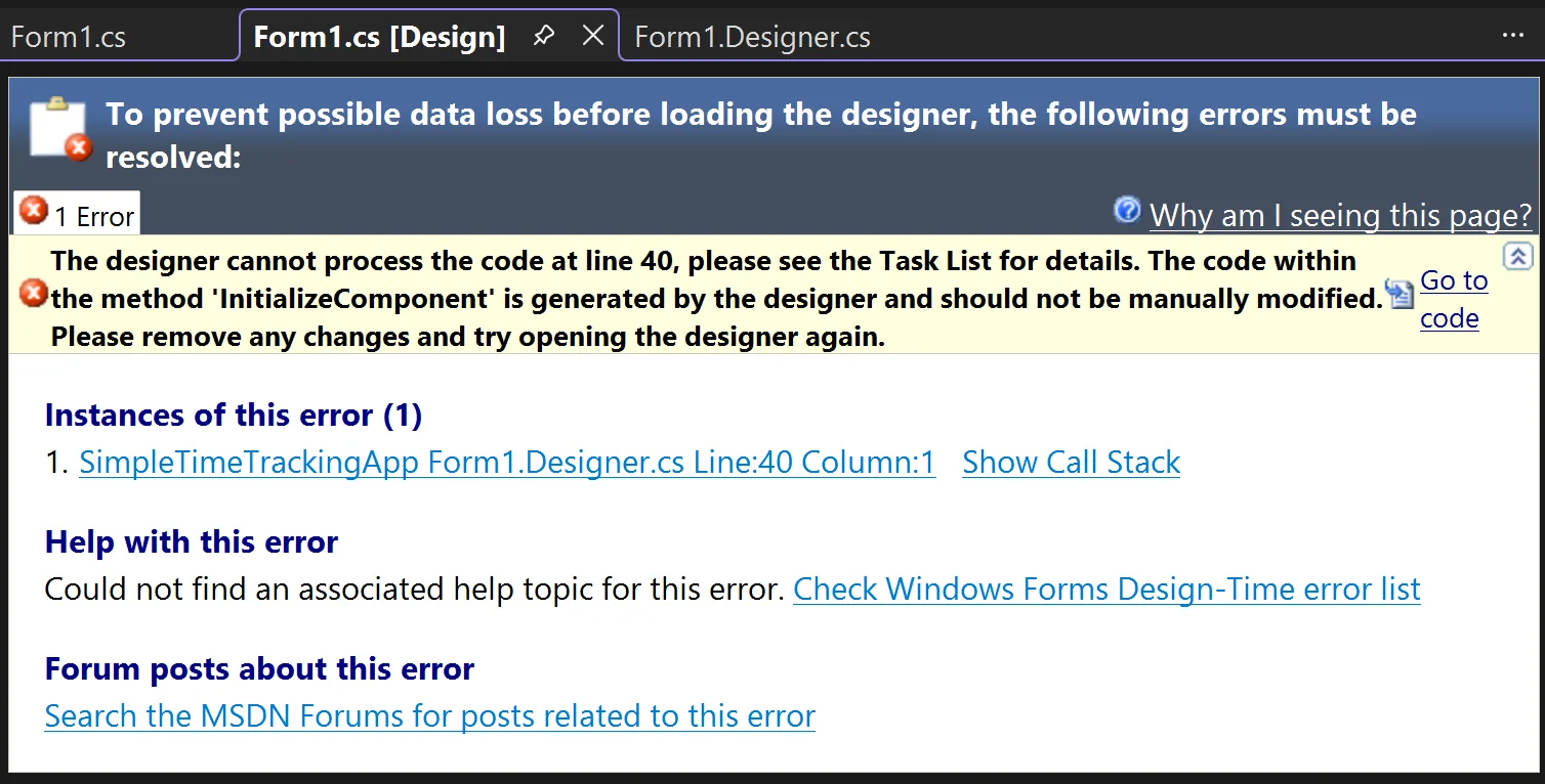 Screenshot of a typical WinForms Designer 'White Screen of Darn'