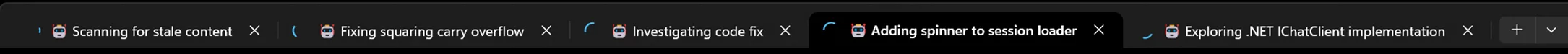 Five concurrent Copilot CLI sessions in terminal tabs, each working on a different task