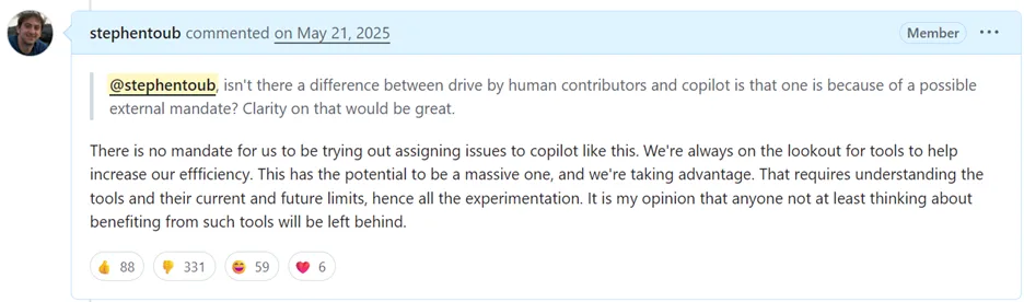 stephentoub's comment: "There is no mandate for us to be trying out assigning issues to copilot like this..."