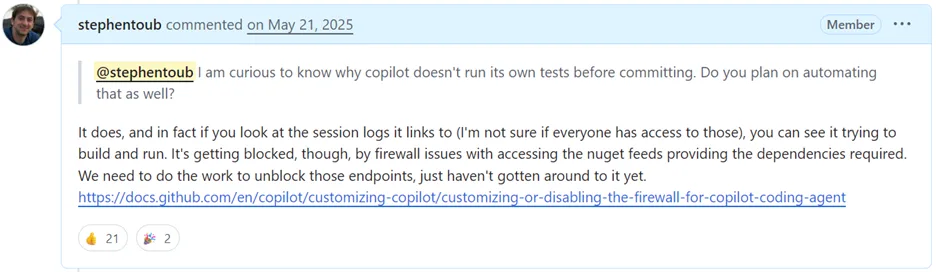 stephentoub's comment: "It does, and in fact if you look at the session logs... you can see it trying to build and run..."