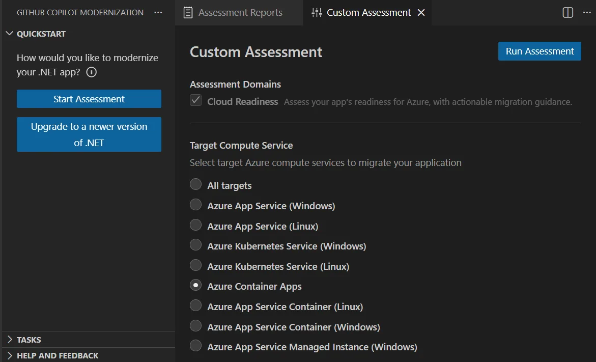 Custom Assessment configuration dialog