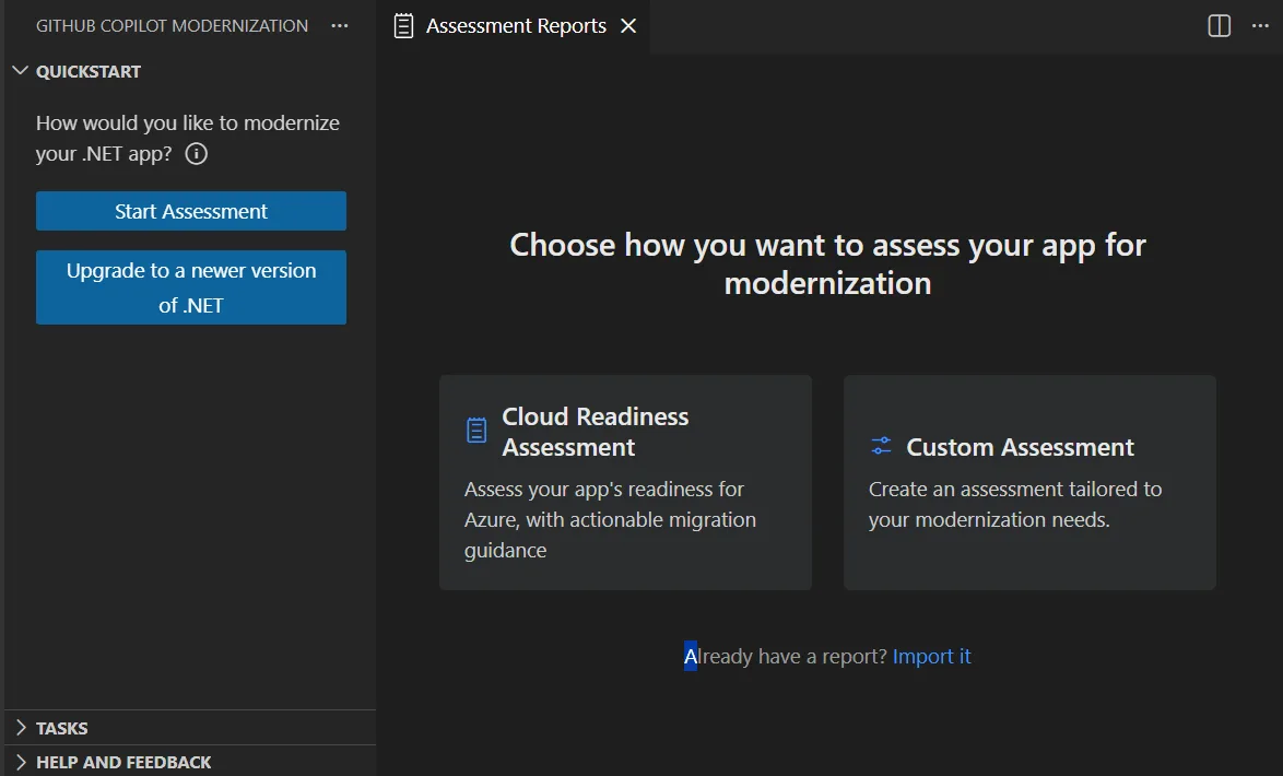 VS Code modernization pane - Recommended Assessment option