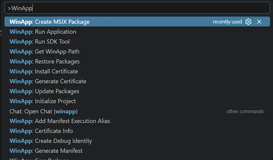 Visual Studio Code command palette opened with WinApp commands available