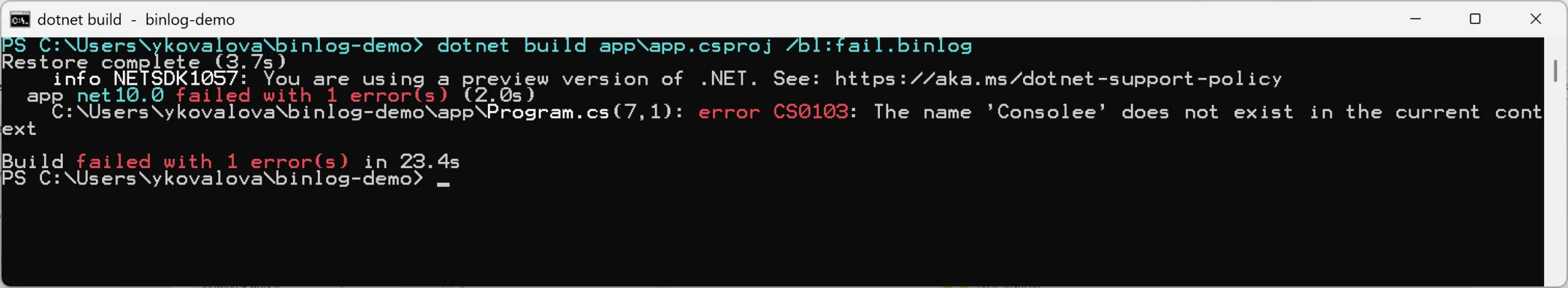 Real dotnet build failure showing CS0103: the name 'Consolee' does not exist in the current context