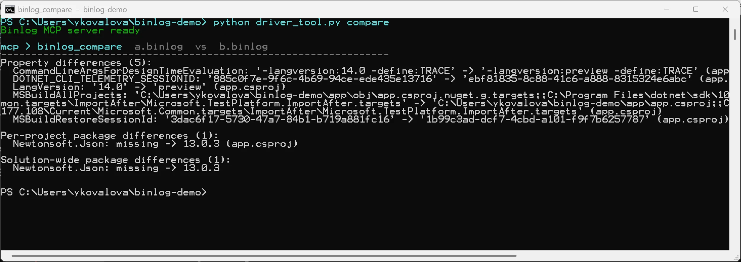 Real binlog_compare output diffing two builds: LangVersion and a new Newtonsoft.Json reference