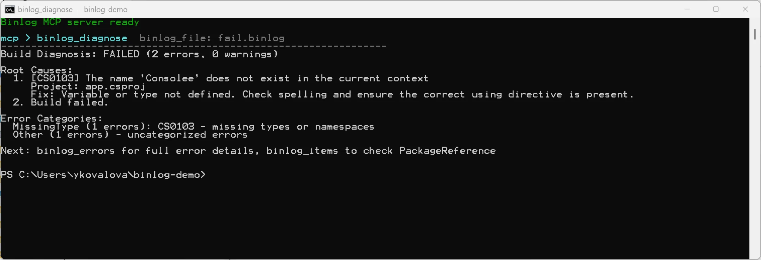 Real binlog_diagnose output: CS0103 root cause, a suggested fix, and error categories