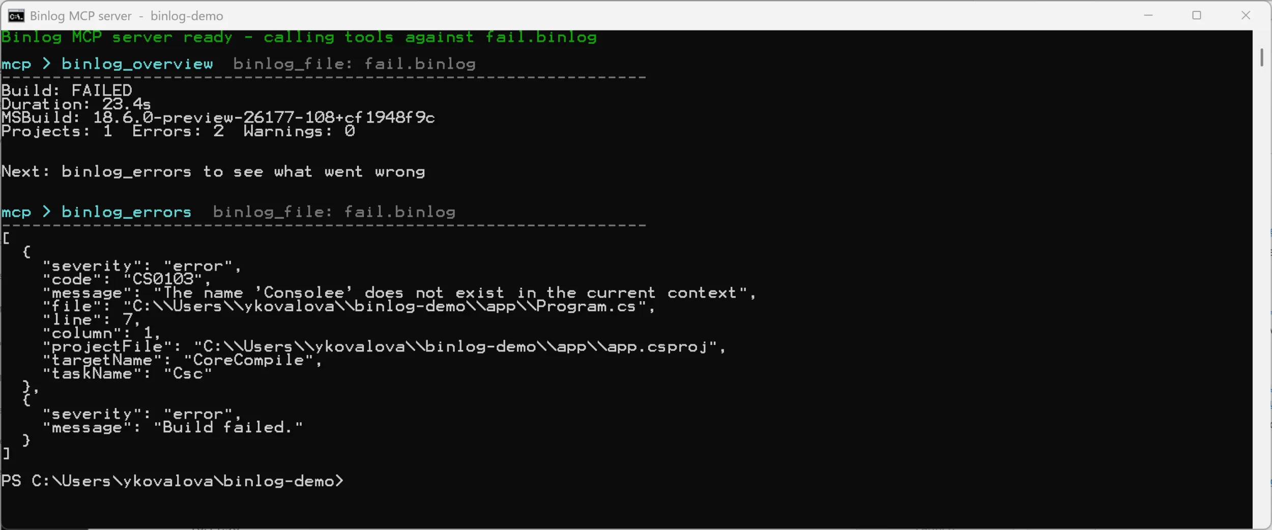Real Binlog MCP server session: binlog_overview and binlog_errors tool calls against the failing build's binlog