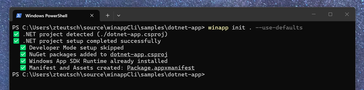 Output from WinApp init command
