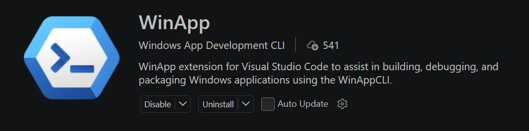 WinApp VS Code extension header in VS Code extension marketplace