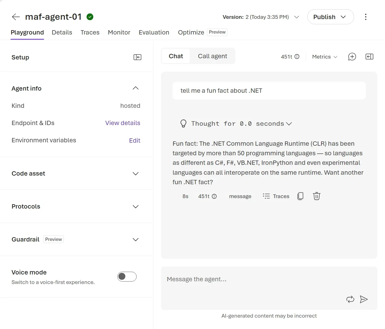 Foundry portal showing a conversation with the hosted agent