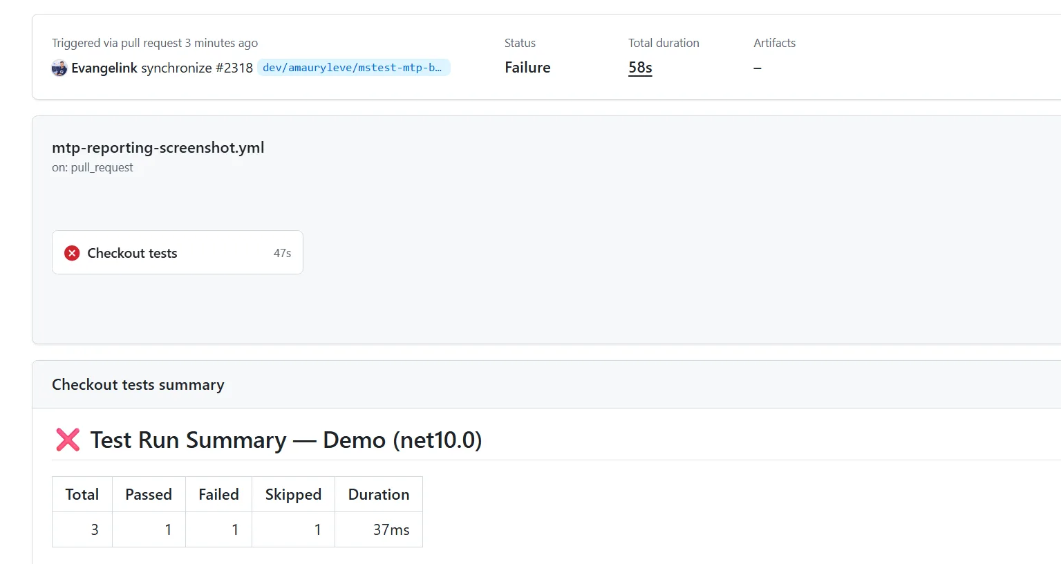 A failed GitHub Actions test job with the MTP test run summary