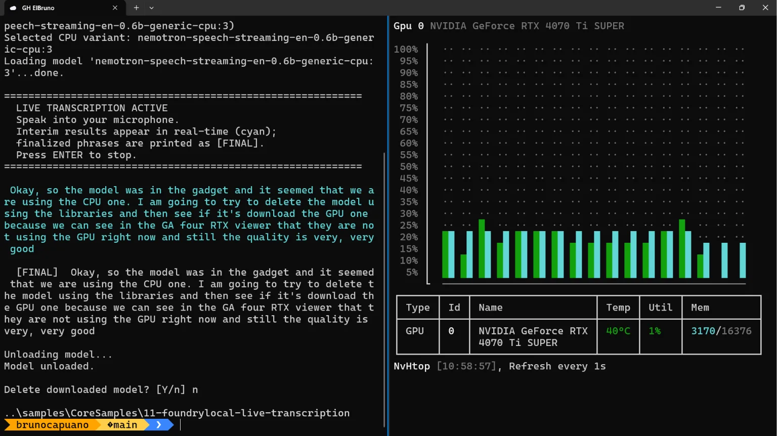 Console showing cyan interim and white final speech-to-text output beside a GPU monitor.