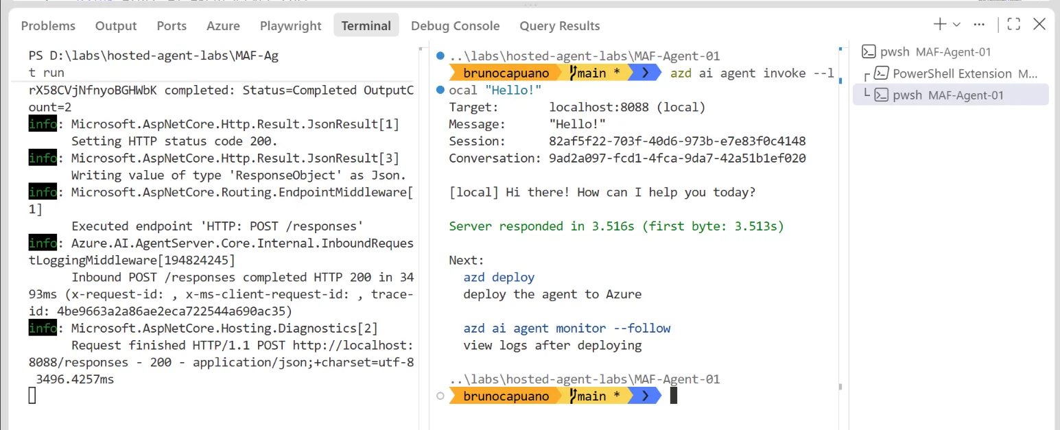Terminal showing azd ai agent run and the local invoke response