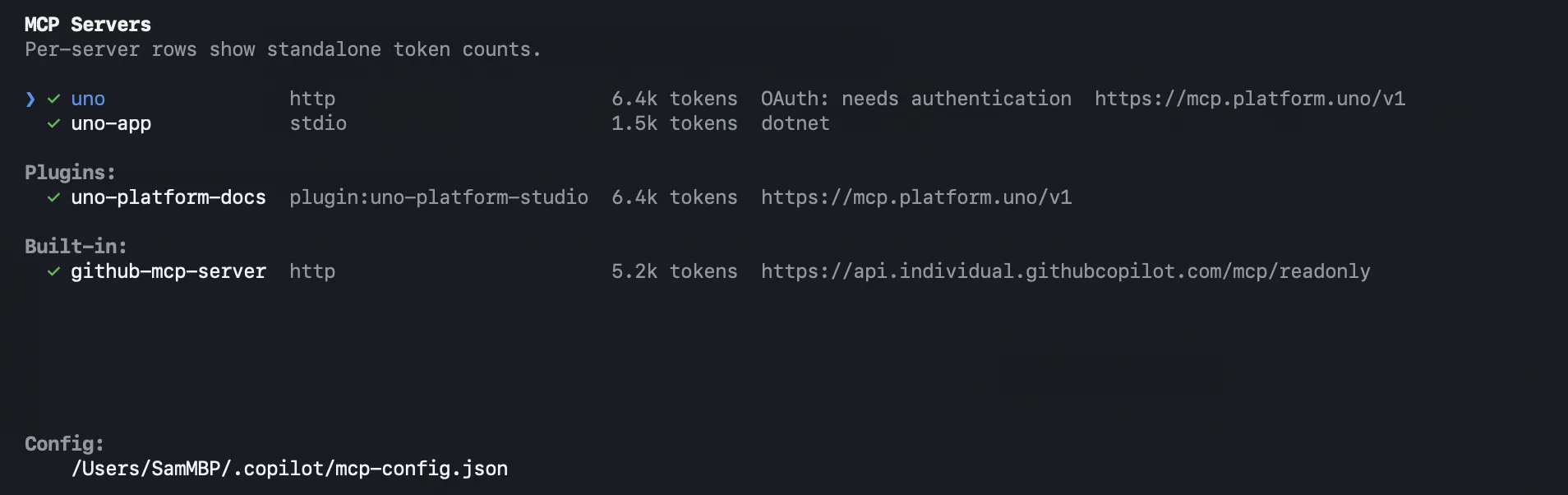 Copilot CLI listing MCP servers with transport, token cost, and auth