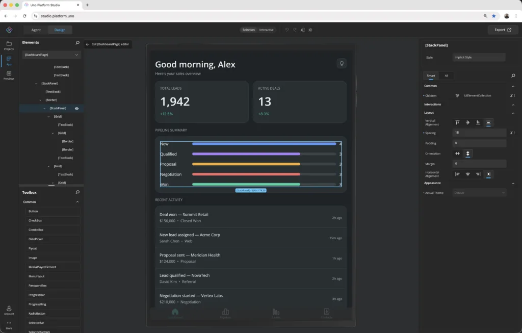 Uno Platform Studio in edit mode