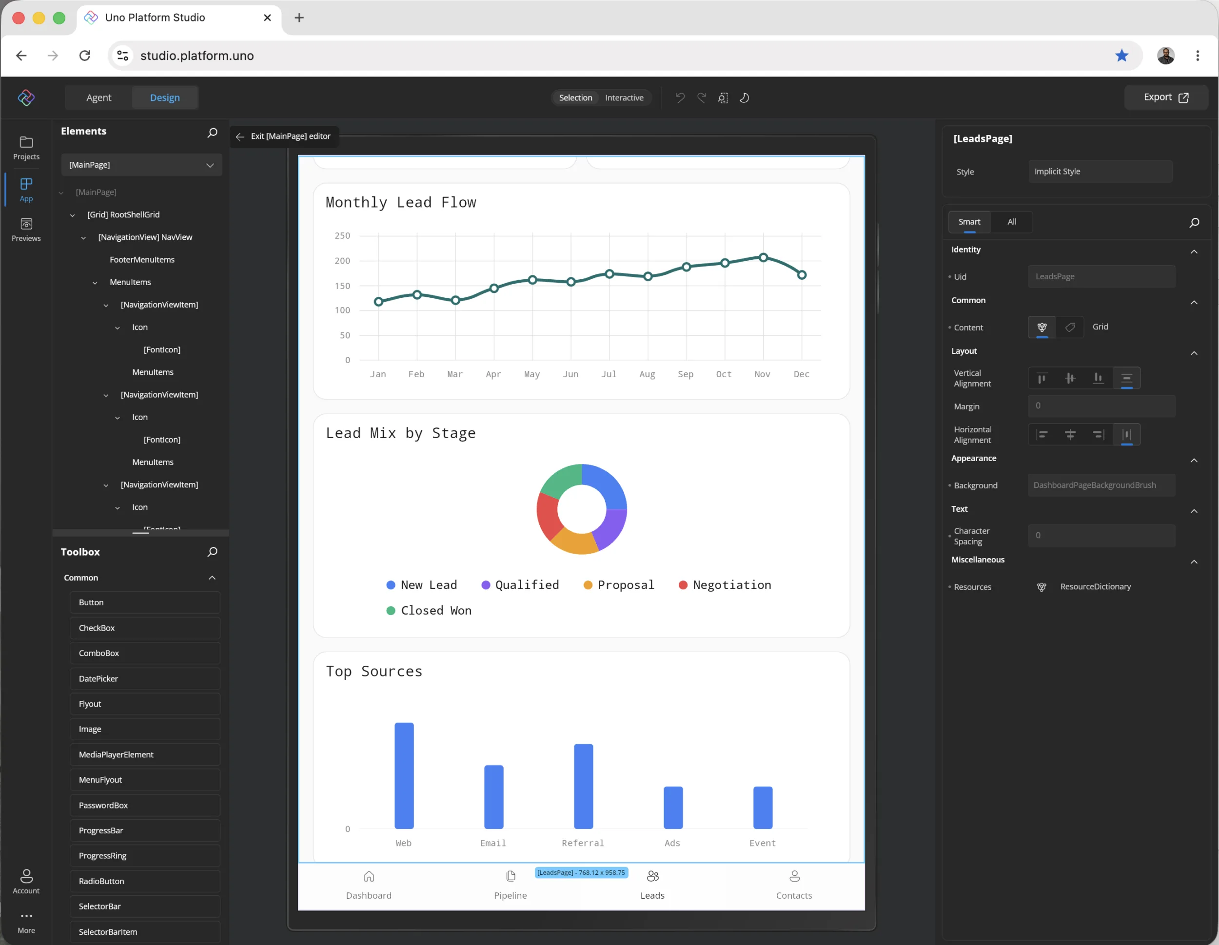 Uno Platform Studio in edit mode
