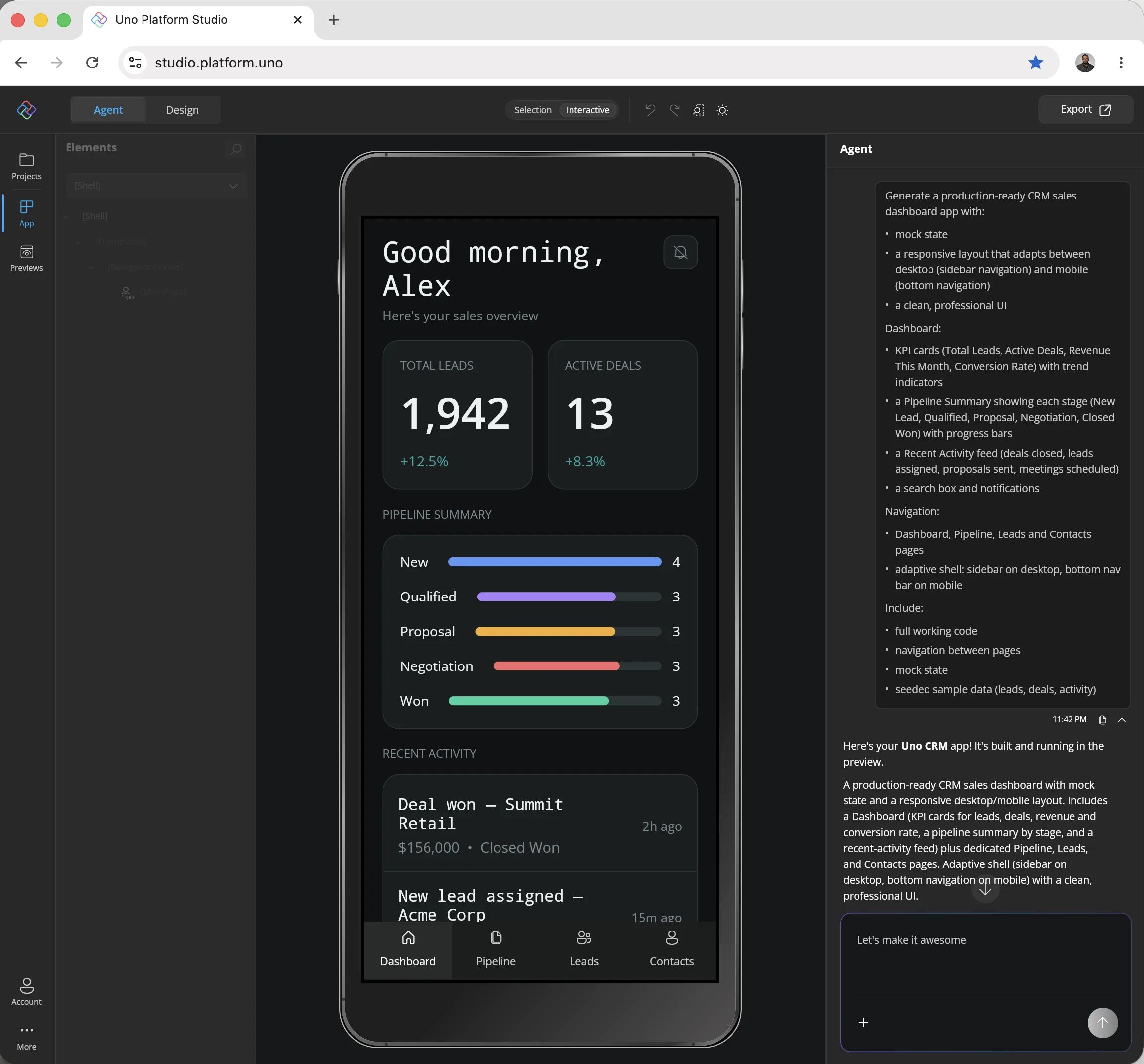 Uno Platform Studio generating a CRM dashboard app in a browser with an agent panel