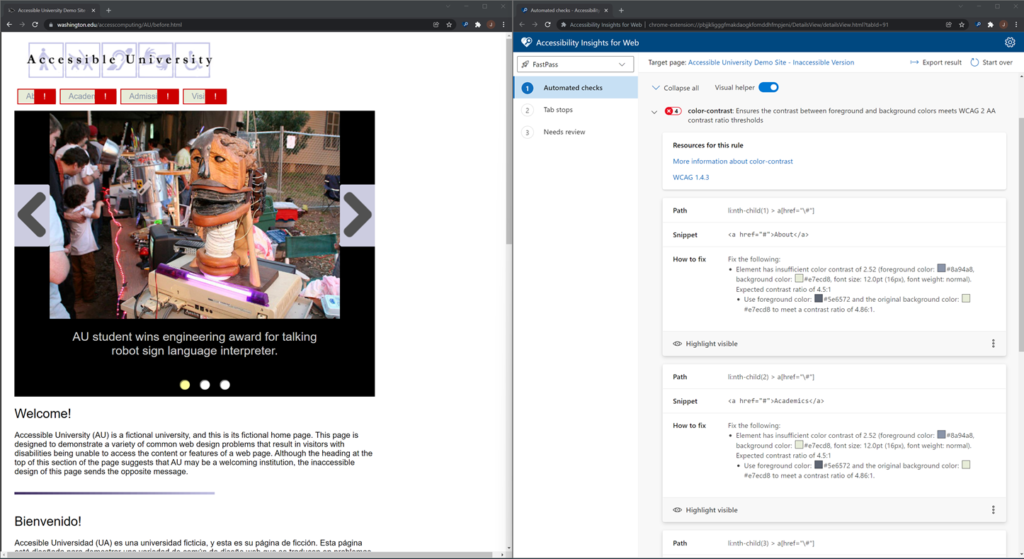 Four color-contrast failures highlighted on the target page. The Accessibility Insights for web page shows the expanded list of color contrast failures. For each failure, there is an element path, code snippet, and information on how to fix. 