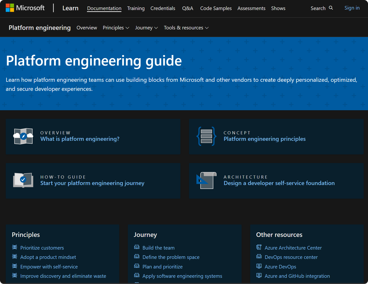 Screen shot of the first page of the Platform Engineering Guide on Microsoft Learn