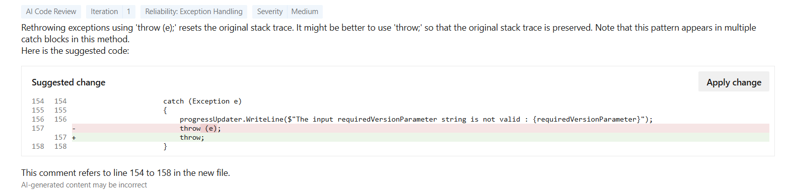 Screenshot of a pull request with suggestions from the AI code reviewer
