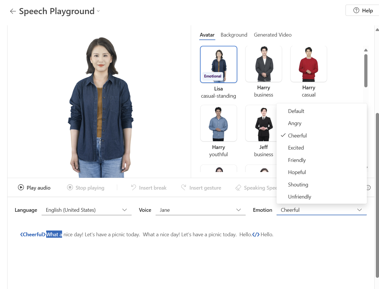 Avatar emotion control preview in speech playground showing selectable emotion parameters and synchronized facial expression rendering