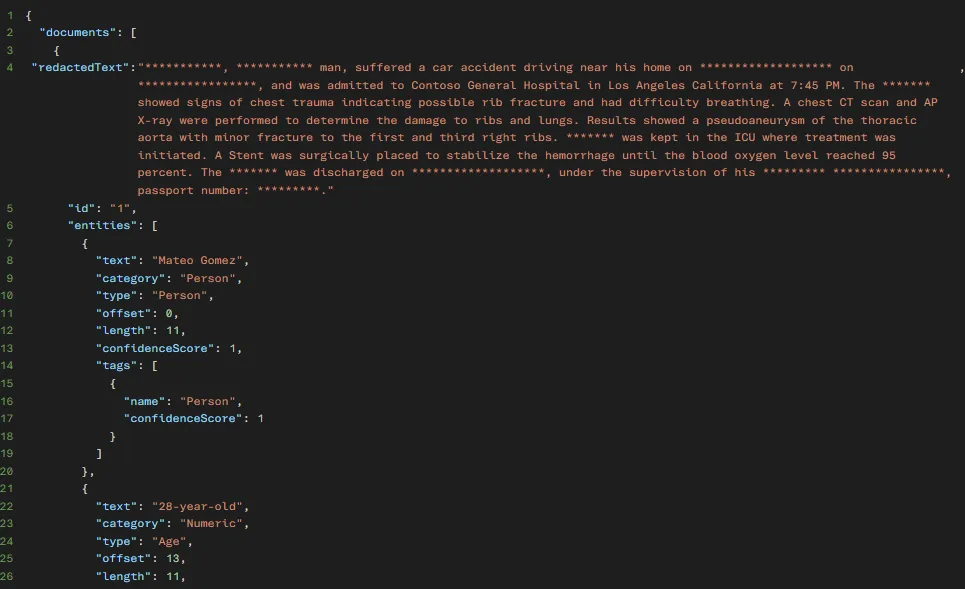 Sample Text PII JSON output from Foundry portal playground. API call output includes the redacted text and a list of all detected entities along with entity type classification, character length and offset, confidence score, and Tags, which are now Generally Available