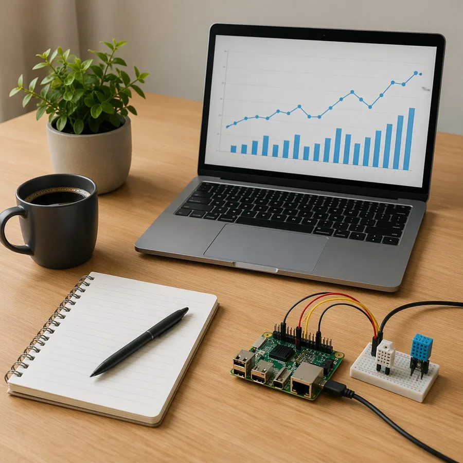 Developer desk with a laptop chart, coffee mug, notebook, potted plant, and sensor board for a local vision model demo