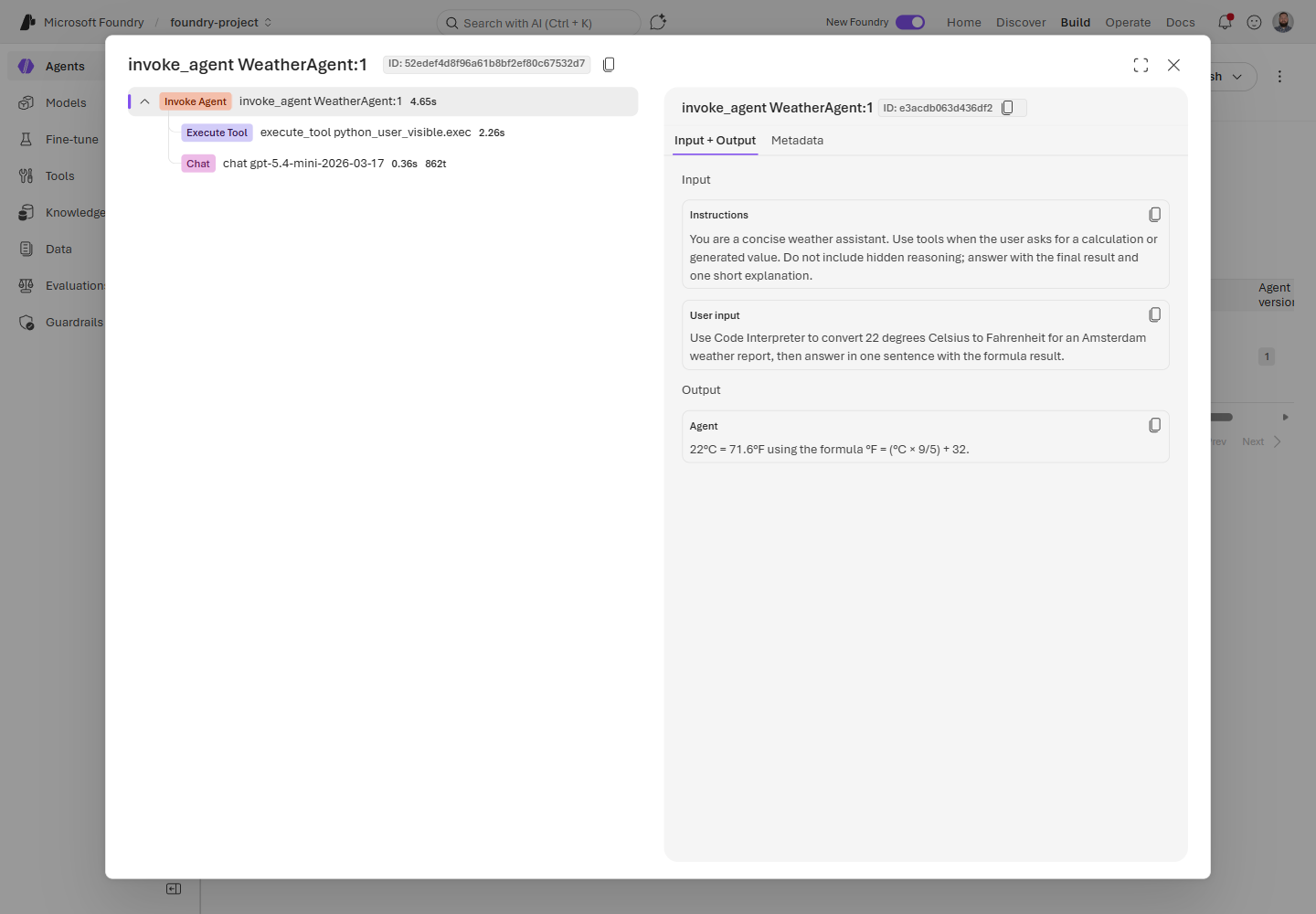 Microsoft Foundry Traces tab showing the WeatherAgent version 1 span tree with invoke_agent, execute_tool, and chat spans plus user input and assistant output