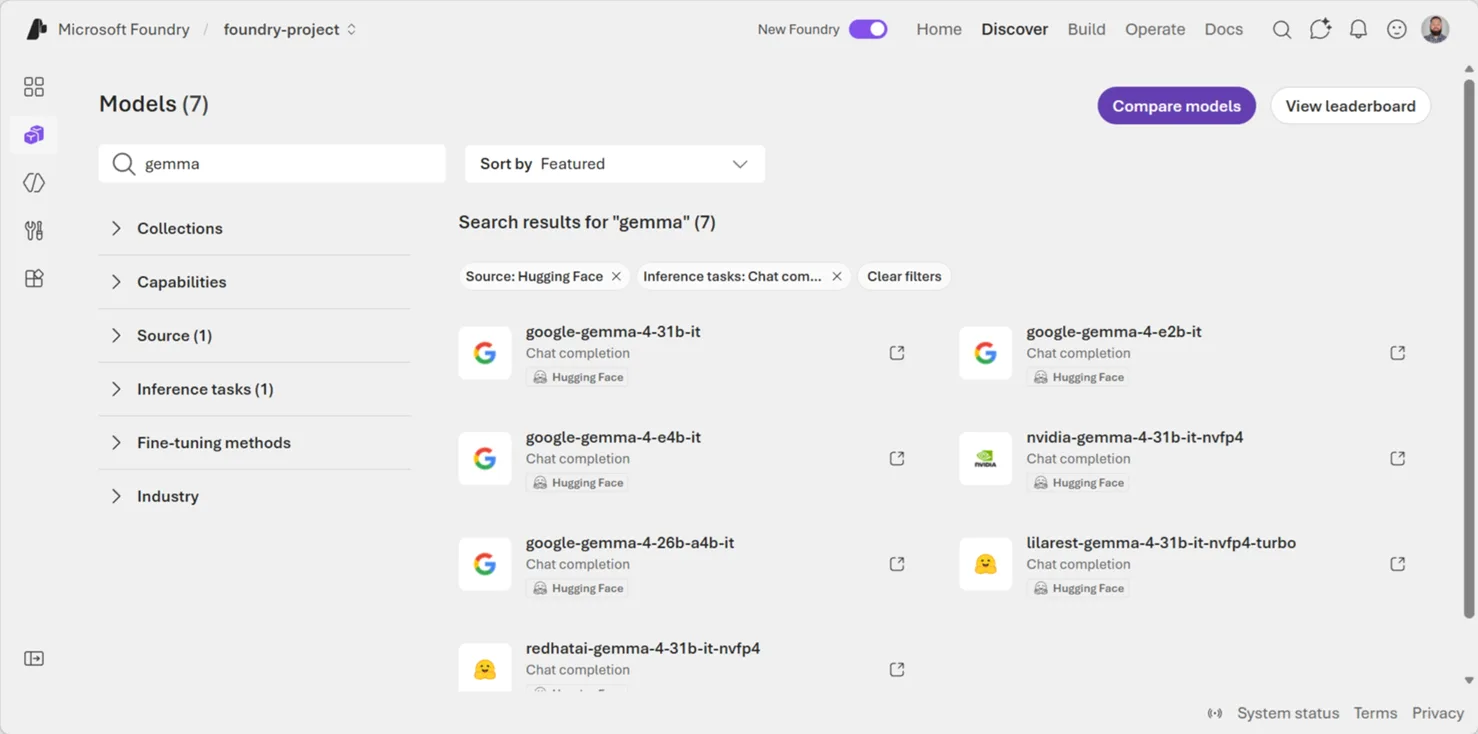 Foundry model catalog showing seven Gemma 4 variants available through Hugging Face, including google-gemma-4-31b-it, google-gemma-4-e2b-it, google-gemma-4-e4b-it, and community-optimized versions from NVIDIA, Red Hat, and others