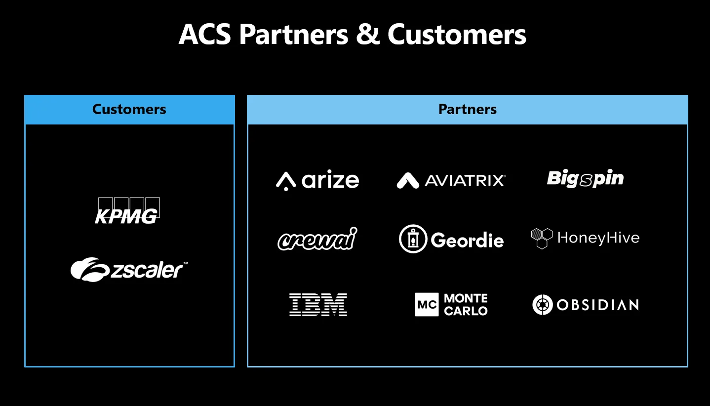 Customer and partner logos for Agent Control Specification, including KPMG, Zscaler, Arize AI, IBM, CrewAI, and other ecosystem partners