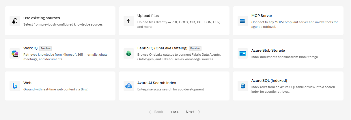 A Microsoft Foundry interface showing knowledge source selection for Foundry IQ, with options for connecting enterprise data sources into a knowledge base.