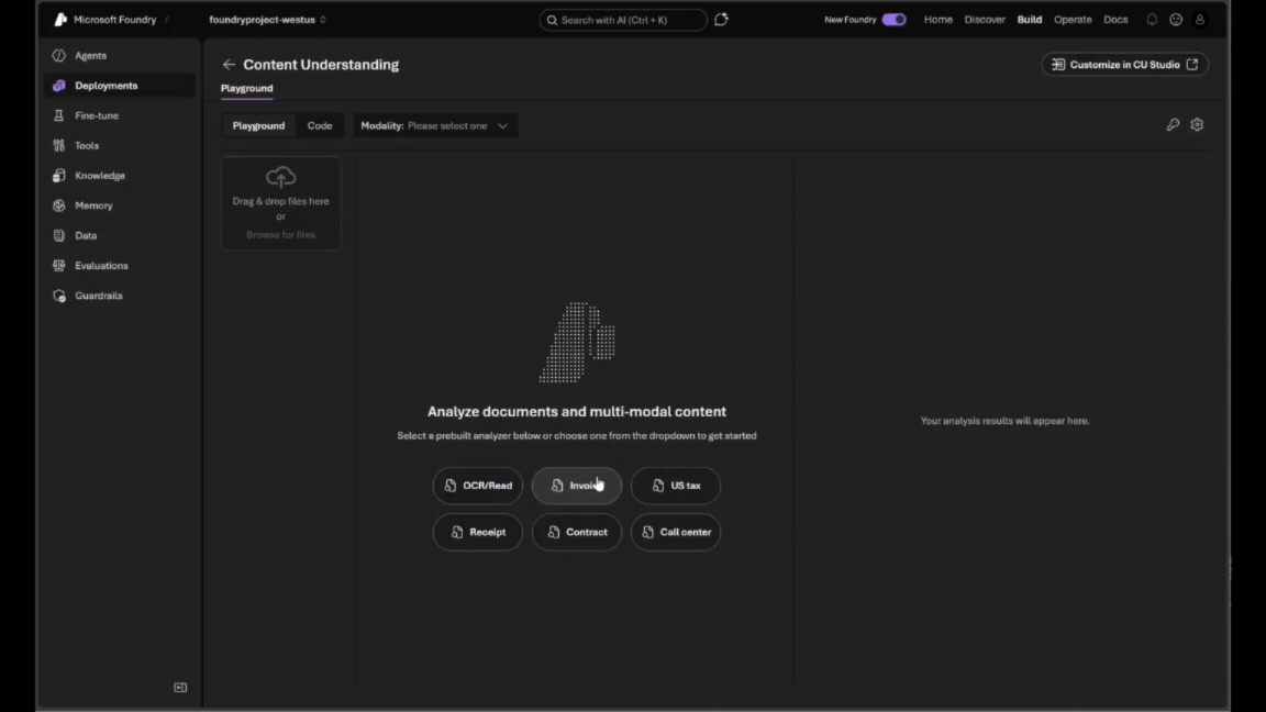 Azure Content Understanding playground in Microsoft Foundry showing a document analysis interface for extracting structured information from unstructured content