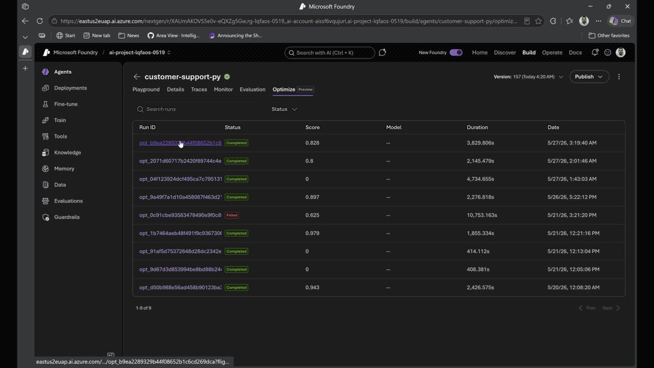 The image shows a screen capture of a Microsoft Foundry dashboard, displaying various tabs such as agents, projects, and a search bar. It also includes information about a build, including version number, duration, and various statuses like completed, failed, and running.