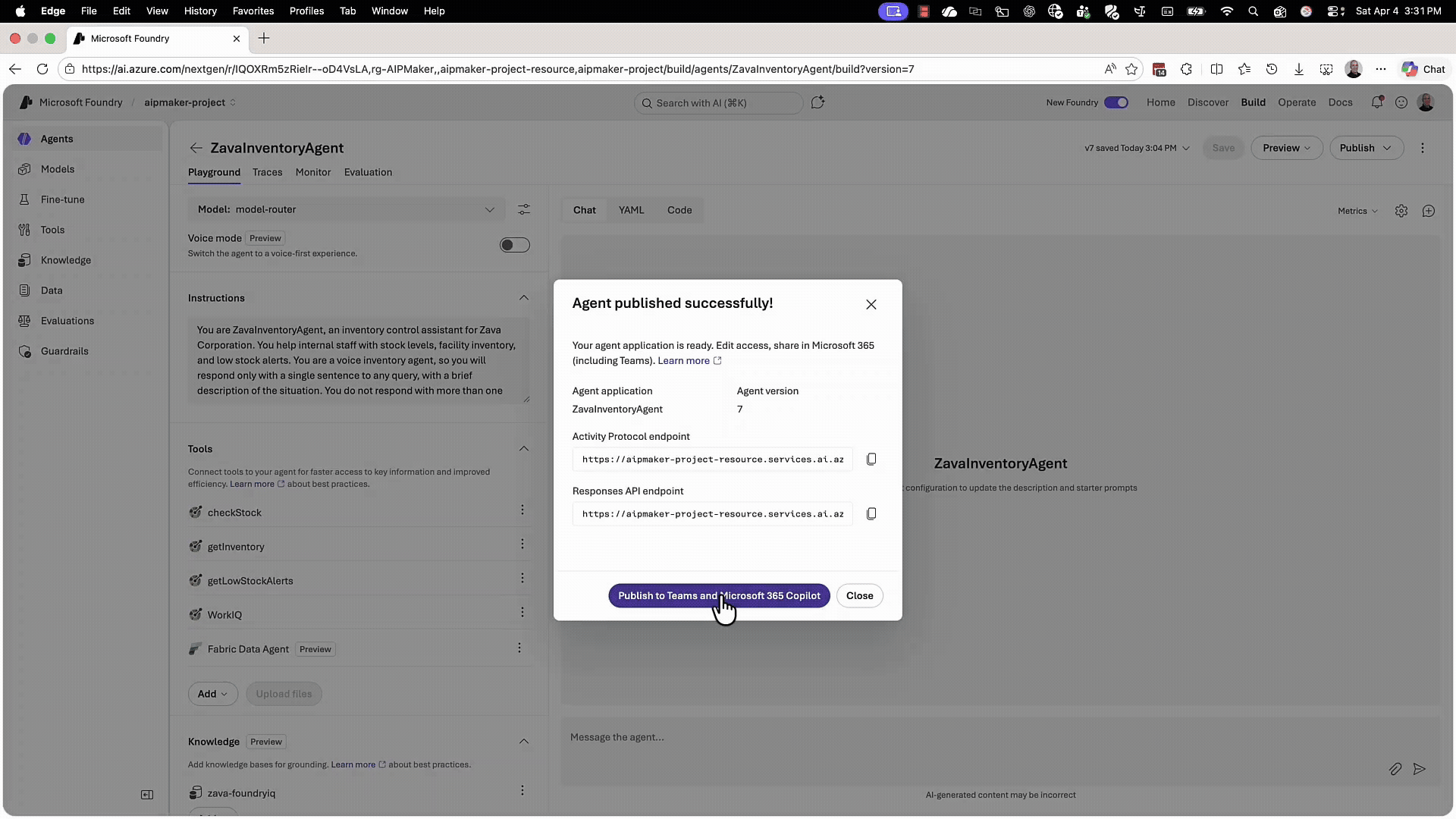Animated demo showing a Foundry agent published into a Microsoft business application experience.