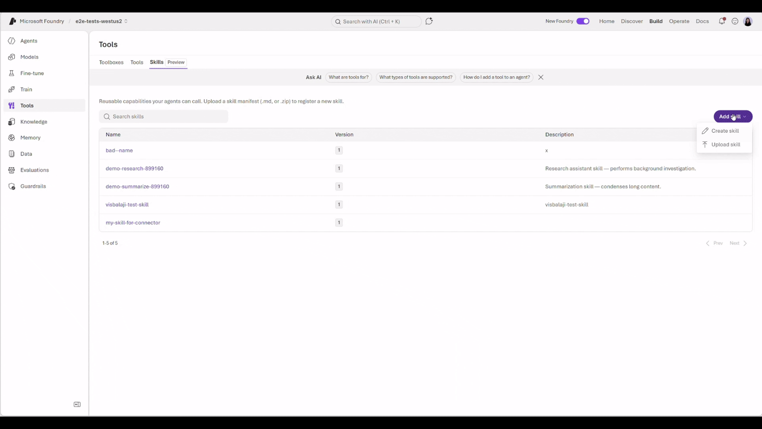 The image displays a Microsoft Foundry interface, featuring a search bar, various tabs such as Build, Docs, and Agents, and a list of tools with their names, versions, and descriptions.