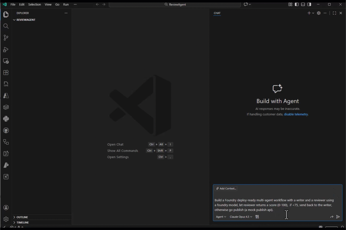 The image depicts Foundry Toolkit in VS Code, showing various options for file editing, running a review agent, and a dialogue box for a multi-agent workflow process.